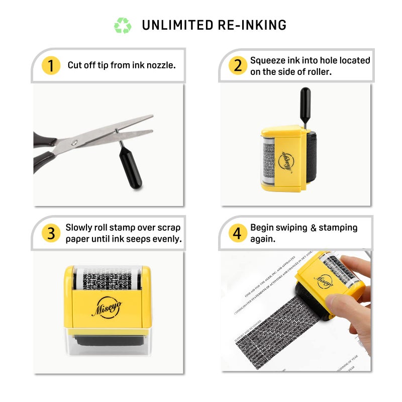 Miseyo Wide Identity Theft Protection Roller Stamp Set - Yellow (3 Refill Ink Included) - Image 3